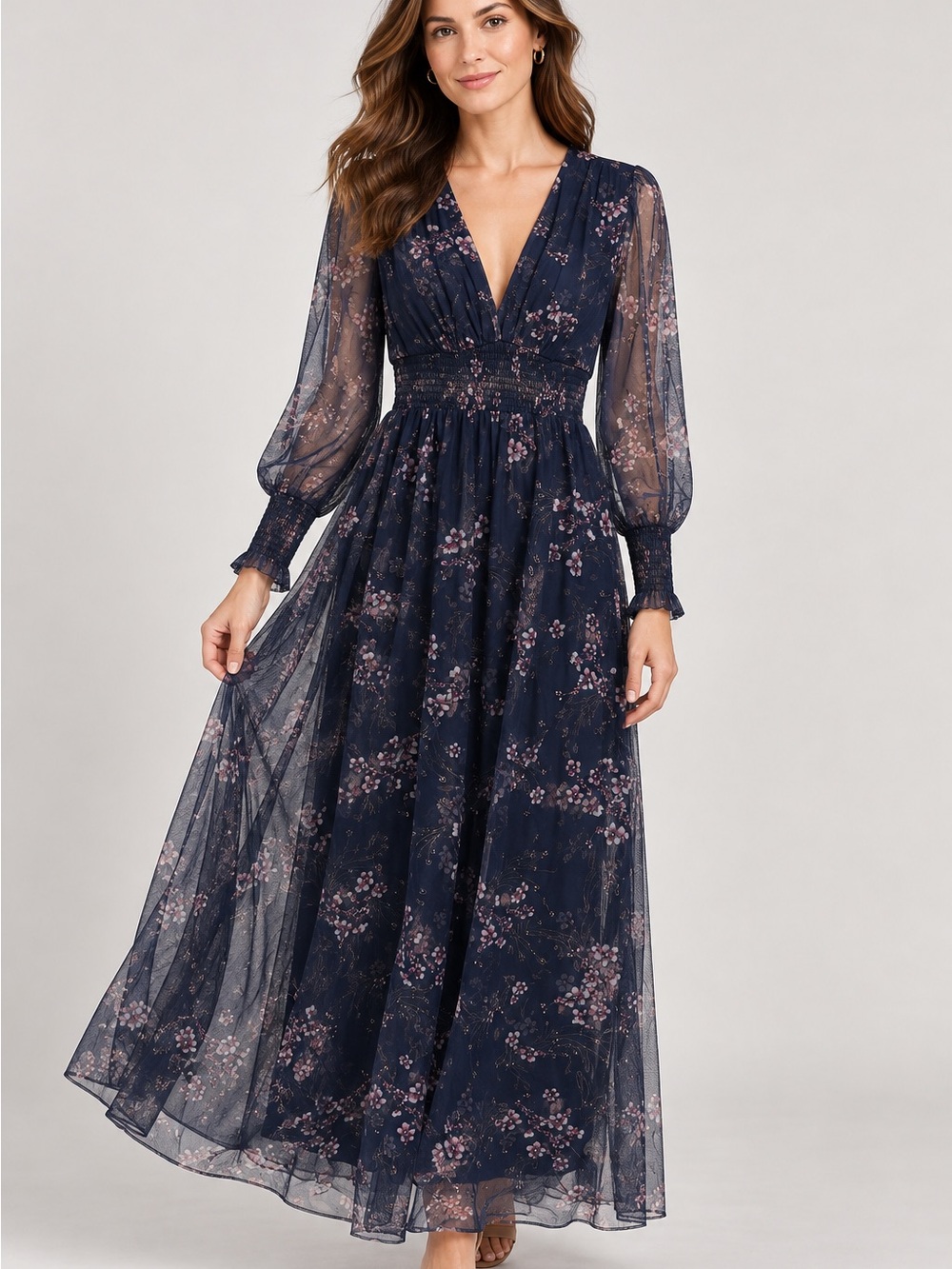 Baltic Born Navy Floral V-Neck Long Sleeve Maxi Dress